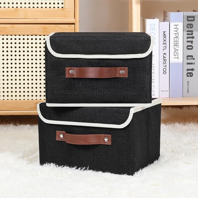 ANMINY Fabric Storage Box Bins with Lids, Black, 10"x8"x7", 2 Pack | Keepsake Memory Storage, Cotton Linen, PP Board Reinforced, Washable, PU Handles, Foldable & Stackable, Decorative, Small - Image 6