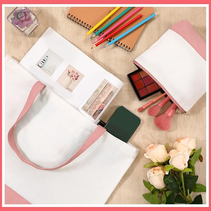 Sanwuta Large Blank Canvas Tote Bags and Makeup Bags Blank Reusable Grocery Luggage Canvas Tote with Handles (Pink,20 Pcs) - Image 2