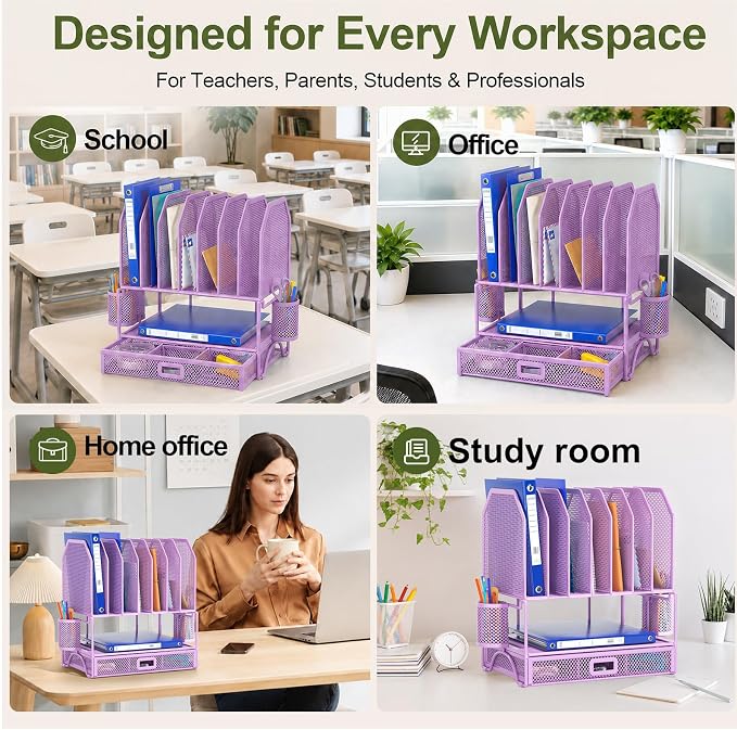 FANXIYQ Metal Desk Organizer with Sliding Drawer, 7-Section File Organizer for Desk, Desktop File Folder & Paper Organizer with 2 Hanging Pen Holders, Office Supplies Organizer, Purple - Image 4