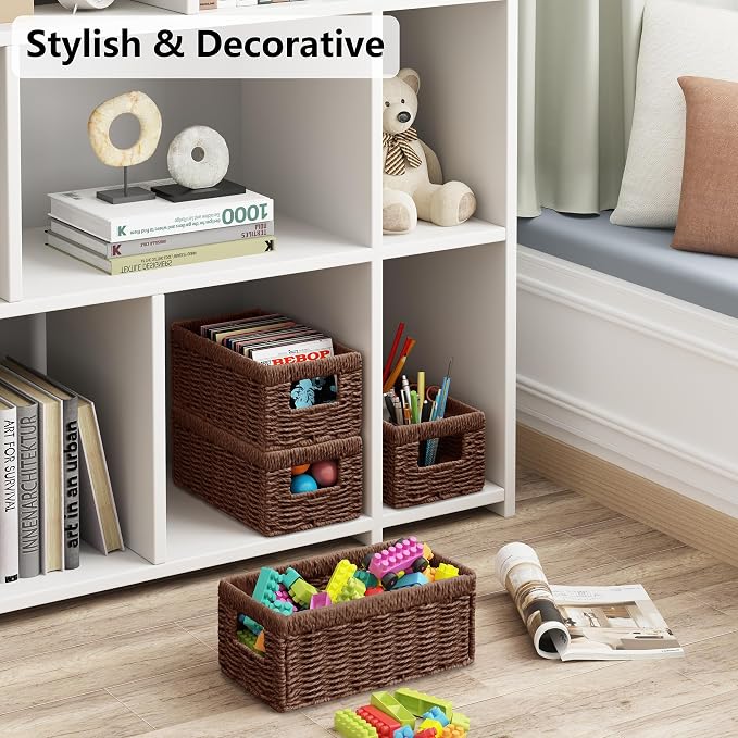 Wicker Storage Basket, Set of 2 Hand Woven Wicker Baskets for Organizing with Handles, Decorative Small Storage Bins for Countertop Toilet Paper Basket for Toilet Tank Top, Shelves, Brown - Image 3