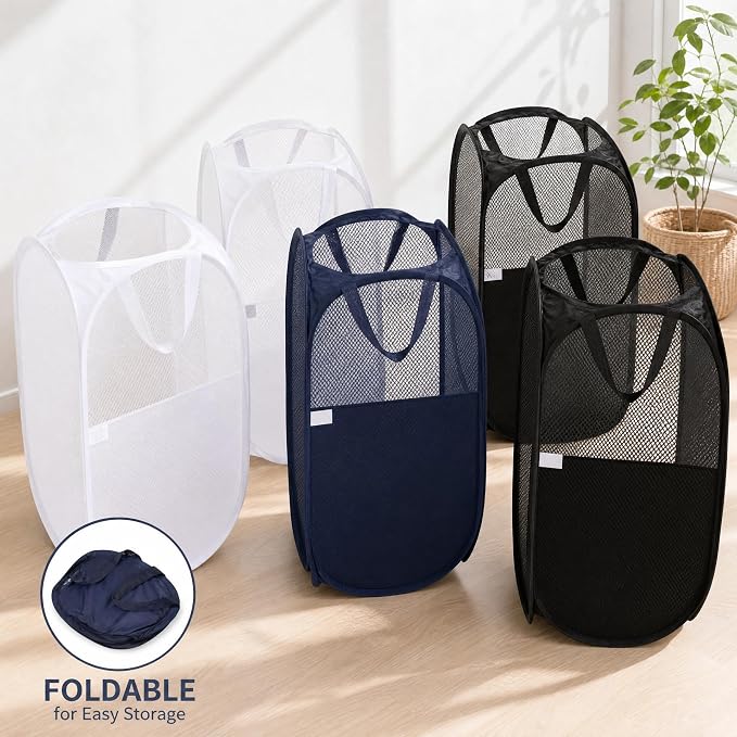 6 Pcs Handy Laundry Collapsible Mesh Foldable Hampe (Black/White/Blue) | Popup Laundry Basket with Durable Handles,Pop-up Mesh Hamper Dirty Clothes Basket for Kids Room, College Dorm or Travel - Image 3