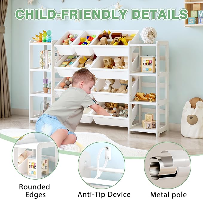 MallBest Extra Wide Toy Storage Organizer with Dual Bookshelves, Kids Wooden Shelf with 12 Removable Bins for Books, Toys, Playroom, Nursery, Bedroom, White, Large - Image 5