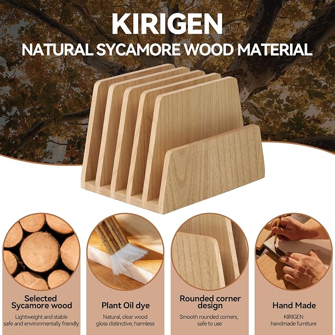 KIRIGEN Wooden Mail Organizer, 5-Slot File Holder for Desk, Natural 5K-NA | Five Upright Compartments Sort Mail, Bills, Folders, Papers, Notebooks, and Envelopes; 9.84 x 7.48 x 7.09 In, No Assembly - Image 7
