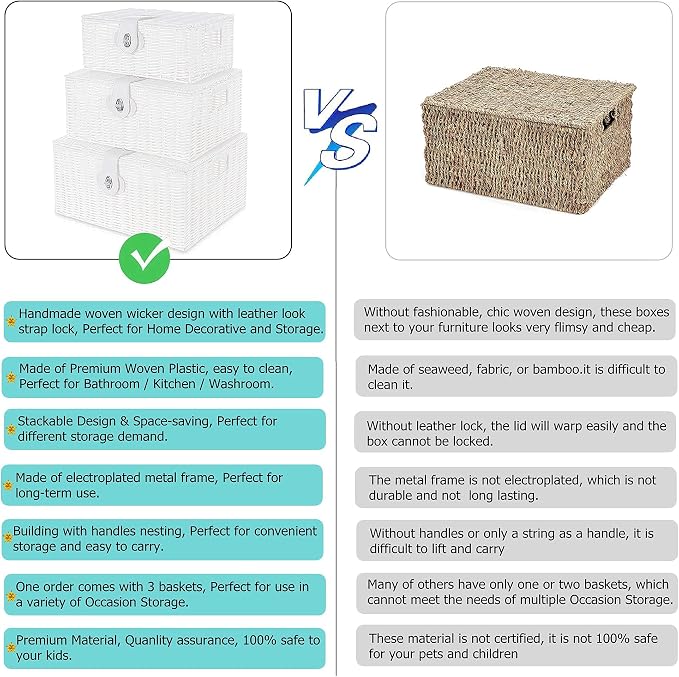 Set of 3 Woven Wicker Storage Basket Box with Lids & Lock, Built-in Carry Handles, Multifunctional Storage Organizer for Nursery, Baby, Clothes, Toys, Books, Large/Medium/Small Size (White) - Image 8