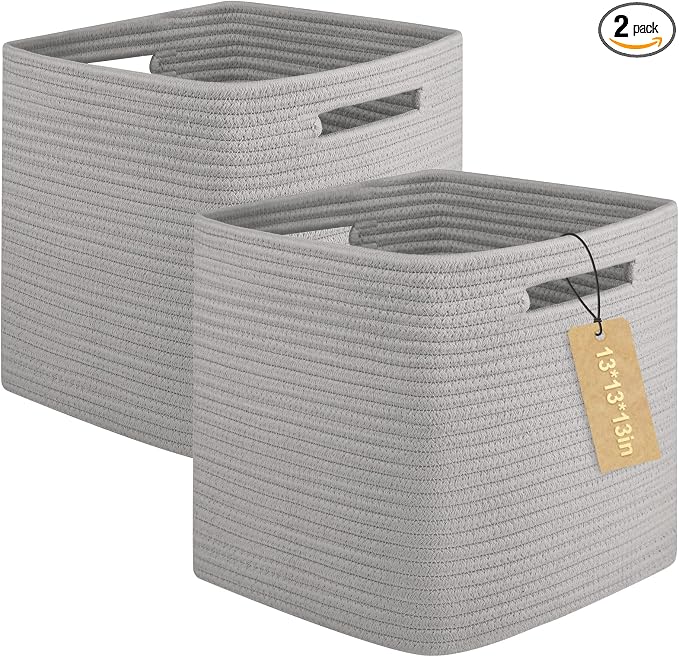 OIAHOMY 2 PACK Cube Storage Bin 13 Inch Collapsible Storage Cube Grey | Cube Storage Organizer Storage Bins for Shelves Baskets for Organizing Woven Rope Storage Baskets by MasterofSpaceOptimization