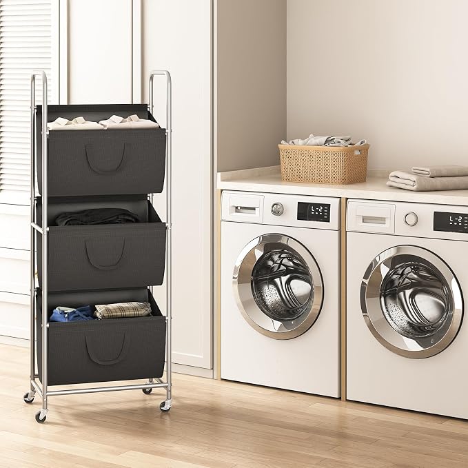 ELYKEN 3-Tier Vertical Rolling Laundry Hamper with Wheels & Removable Bags | 120L Capacity, Space-Saving Design, Locking Casters, 3 Section Laundry Sorter for Apartments, Small Spaces, Closet, Dorm - Image 8