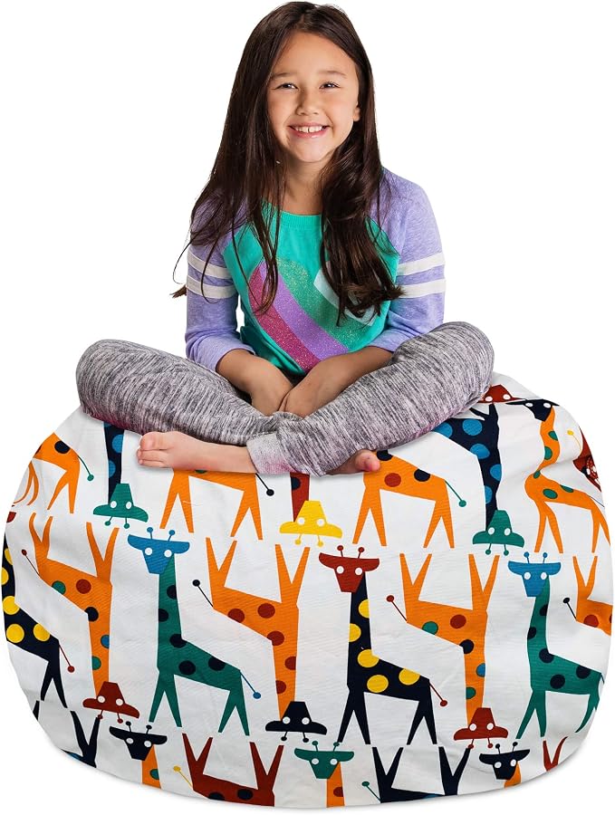 Posh Creations Stuffable Kids Stuffed Animal Storage Bean Bag Chair Cover - Childrens Toy Organizer, Large-38 - Canvas Giraffes on White by PoshCreations