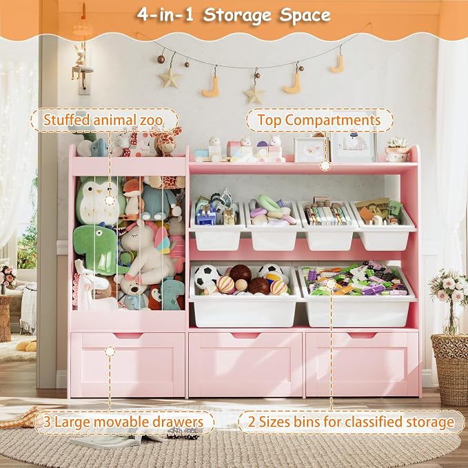 VontinT 50.6" W Wooden Toy Organizer with Stuffed Storage & Bins & Drawers | Large Storage Cabinet with 6 Plastic Bins, 3 Rolling Drawers, 140L Stuffed Animal Zoo, Toddler Shelf for Kids Playroom, Pink - Image 3