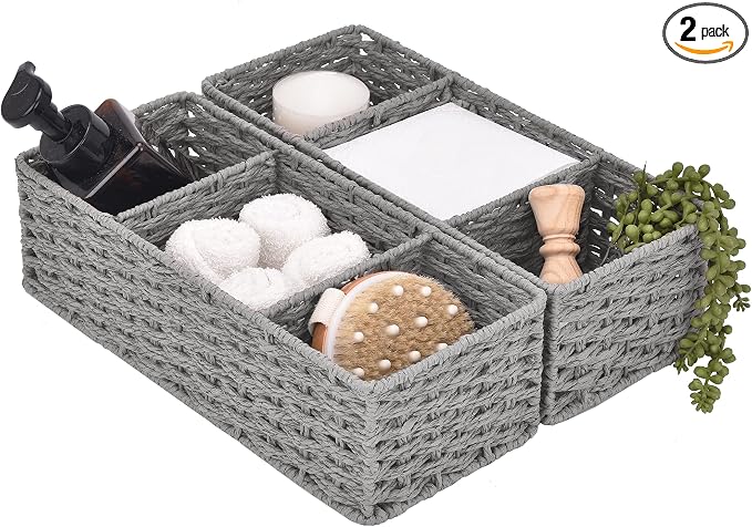 StorageWorks Toilet Paper Basket, Paper Rope Woven Toilet Tank Basket, Gray | Wicker Basket, Toilet Paper Storage for Back of Toilet Tank, Woven Baskets for Shelves, Wicker Baskets with 3 Compartments by StorageWorks