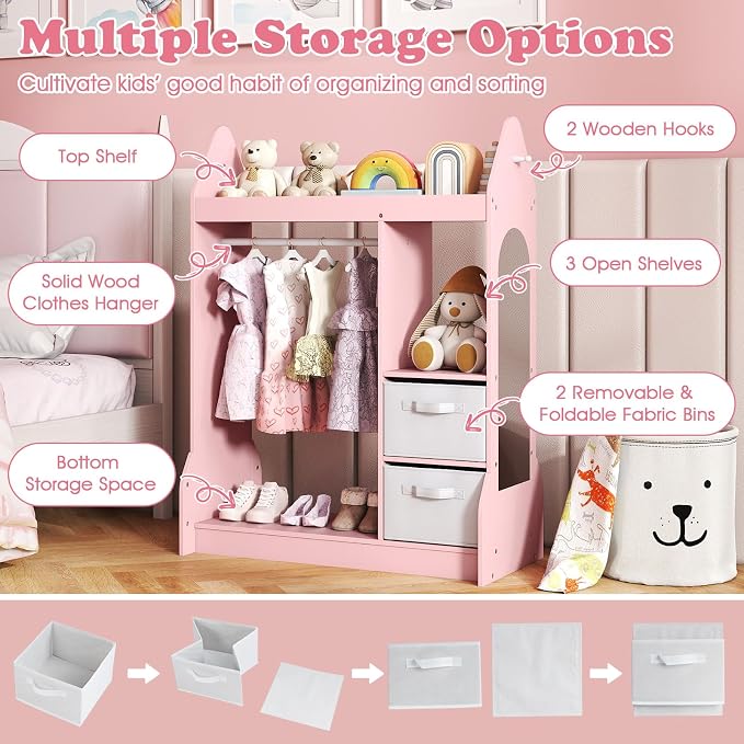 Costzon Kids Dress Up Storage with Mirror, Clothes Rack, Shelves, 2 Fabric Storage Bins, Pretend Play Costume Organizer, Open Hanging Wardrobe Closet Armoire Dresser for Bedroom Playroom - Image 2