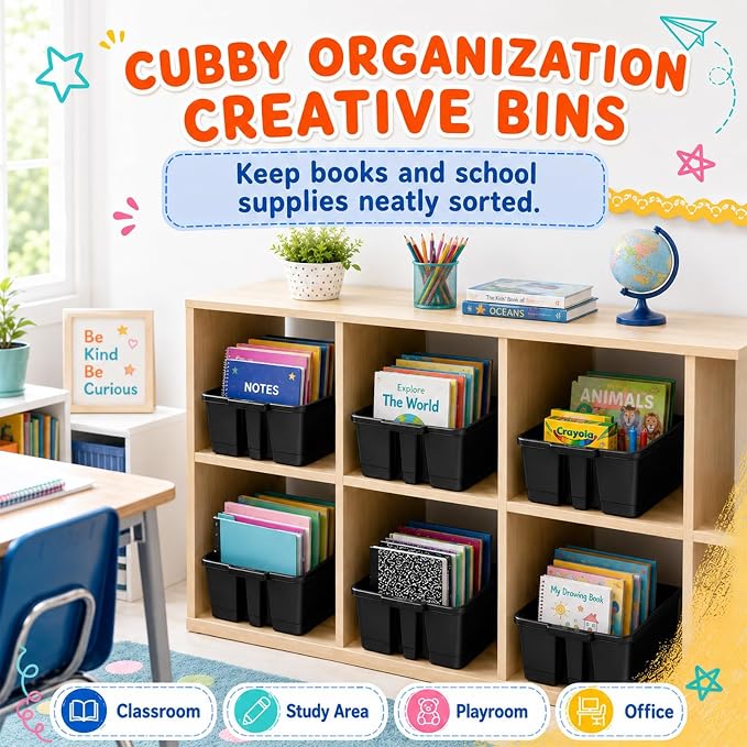 6 Pack Plastic Book Bins Stackable Classroom Cubby Organizer, Black | Scoop Front Storage Bins, Cubby Bins with Handles for School Library Office Home Nursery Playroom Organization - Image 4
