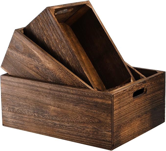 Frcctre Set of 3 Wood Nesting Storage Crates with Handles, Decorative Farmhouse Wooden Crates Storage Containers Rustic Handmade Natural Solid Wood Basket - Image 3