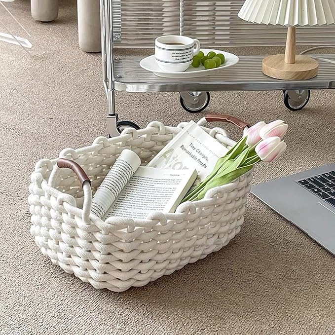 3 Pack Small Cotton Rope Basket with Handles Woven Storage Basket Rectangle Stackable Nursery Storage Baskets Decorative Shelf Basket Organizer Gift Baskets for Toys Small Items(White) - Image 5
