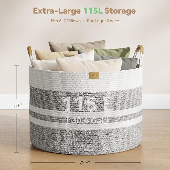 Nunsino 115L Woven Blanket Basket with Leather Handles, Cotton Rope Laundry Basket Hamper,Decorative Nursery Basket Toy Storage Basket for Kids, Living Room, Bedroom,Gray White Stripes - Image 4
