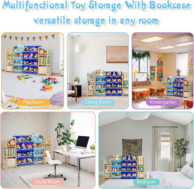 Kids Toy Storage Organizer with Bookshelf – Wooden Shelf with 16 Bins & 6 Shelves, Quick Assembly Storage Rack for Playroom, Bedroom, Nursery - Blue - Image 7