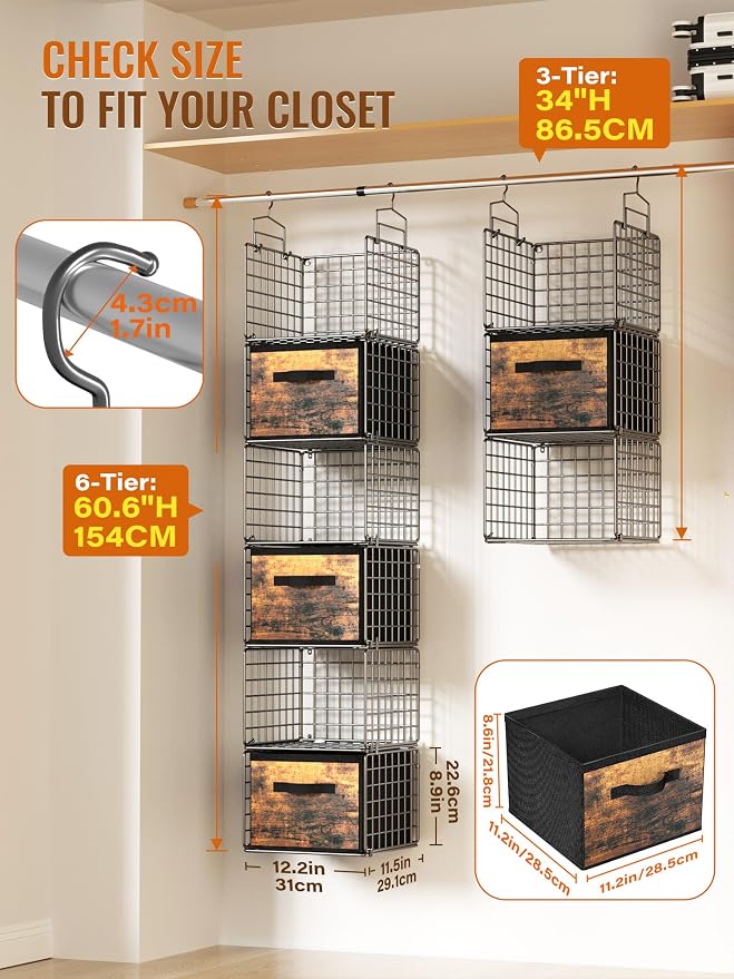 Closet Hanging Organizer with Drawers, 6 Tier Metal Closet Organizers and Storage with 4 Hanging Hooks 4 S-Hooks for Wardrobe Laundry Room, Wire Storage Shelf for Clothes Sweaters Pants (Black) - Image 2