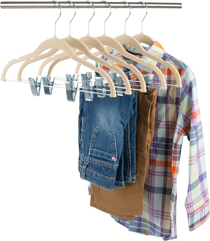 Simplify 6 Pack Children's Velvet Hangers | Durable | Lightweight | Non-Slip | Nursery | Shirt | Pants | Tank Top | Ivory | Clips | Closet Organization - Image 10