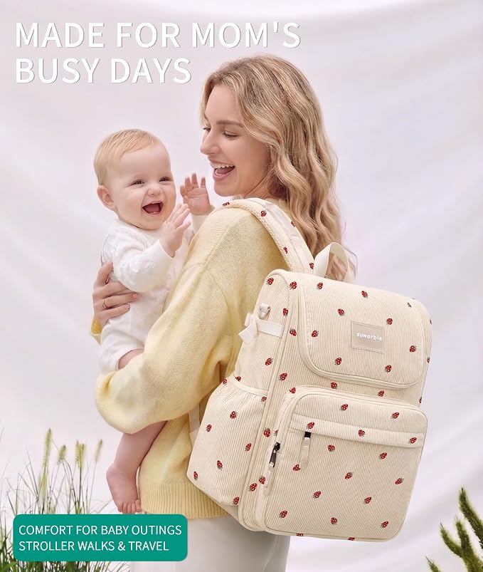 Large Corduroy Diaper Bag Backpack for Mom, 25L Baby Travel Bag with Insulated Bottle Pockets, 40oz Side Strap & Stroller-Ready Straps - Image 2