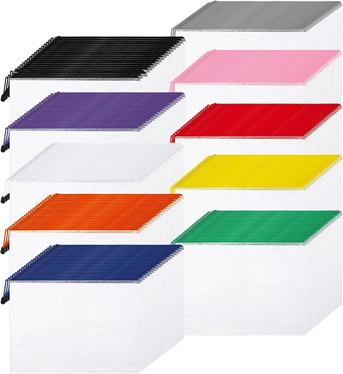 200 Pcs A4 Mesh Zipper Pouch Bulk Waterproof Mesh Zipper Organizer Plastic File Folder Case for School Office Supplies Document Board Games Puzzle(Multicolor) by Zhehao