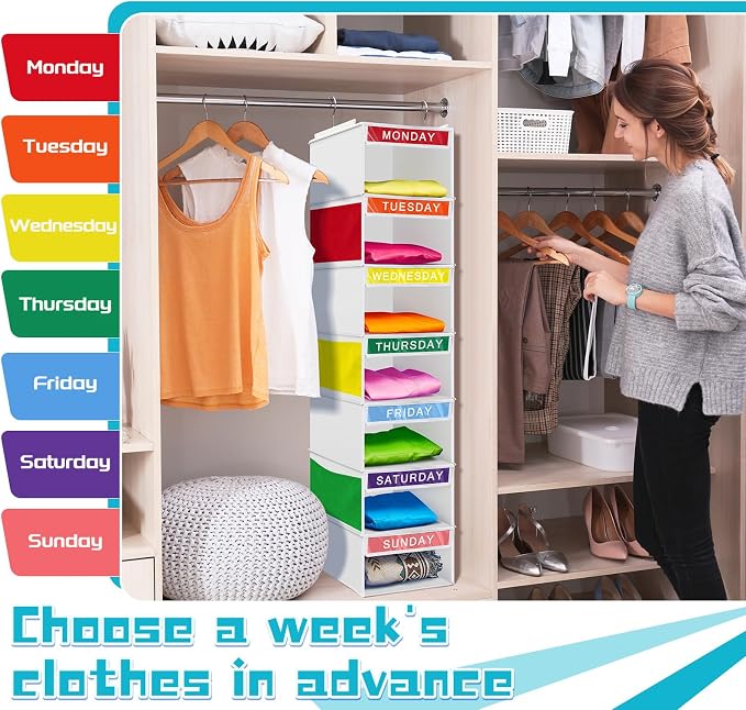 2 Pcs 7 Shelf Weekly Clothes Organizer for Kids Hanging Closet Organizer 11. 8 x 11. 8 x 50 Inches Daily Activity Kids Clothes Storage Drawers Cube Drawers Closet Hanging Shelves(White) - Image 6
