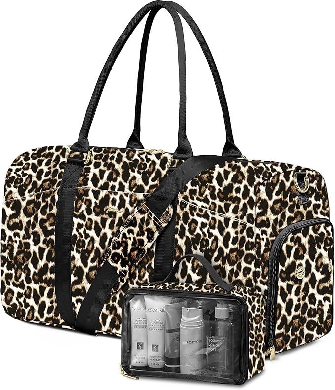 Women Weekender Travel Duffle Bag: Travel Duffel Overnight Bags with Shoe Compartment Large Carry on Tote with Toiletry Bag Weekend Traveling Yoga Gym Hospital Bag for Women with Wet Pocket Cheetah by FOCDOD