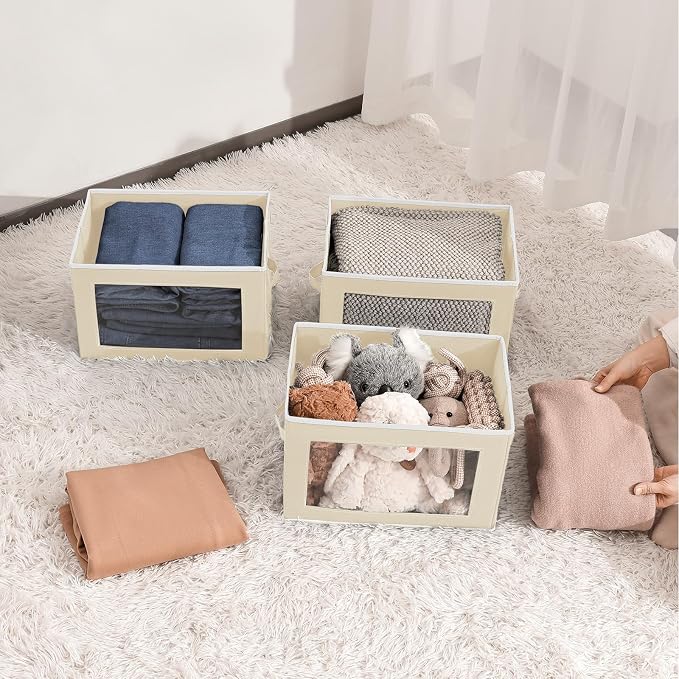 Fabric Storage Bins with Lids, Storage Cubes with Window, Decorative Storage Boxes Baskets for Organizing, Closet Organizer Storage Bins for Home, Office, 3 Packs, Beige - Image 6