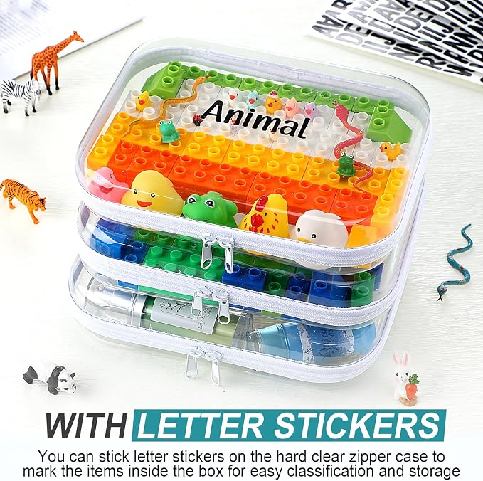 12 Pcs Clear Hard Zipper Case Back to School,9.84 x 7.87 x 2” | Plastic Zipper Pouch with 5 Sheets Alphabet Stickers Toy Storage Organizer Makeup Case for Travel Building Blocks Puzzles - Image 5