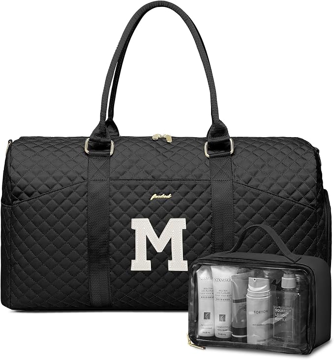Women Weekender Travel Duffle Bag: Initial Duffel Overnight Bags with Shoe Compartment Large Carry on Tote with Toiletry Bag Weekend Traveling Yoga Gym Hospital Bag for Women with Wet Pocket Letter M by FOCDOD