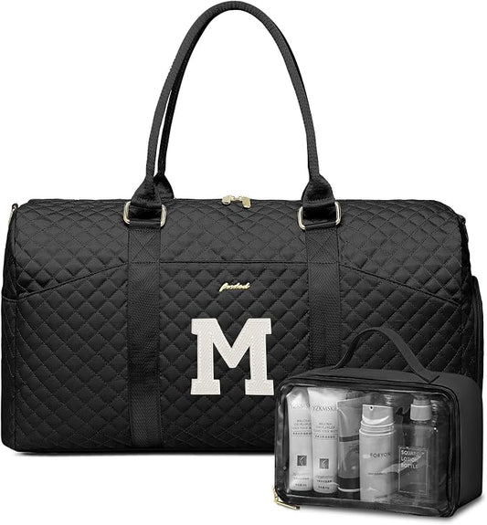 Women Weekender Travel Duffle Bag: Initial Duffel Overnight Bags with Shoe Compartment Large Carry on Tote with Toiletry Bag Weekend Traveling Yoga Gym Hospital Bag for Women with Wet Pocket Letter M by FOCDOD