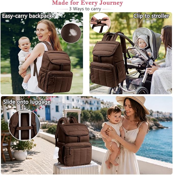 Puffy Diaper Bag Backpack for Mom, Lightweight Quilted Baby Bag with Waterproof Changing Pad, Large Travel Diaper Backpack with Insulated Bottle Pockets, Wipes Pocket, Stroller Straps - Image 7