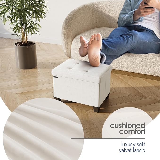 Storage Ottoman Cube with Small Bin, 16-in Square Ottoman with Storage for Living Room and Bedroom, Small Ottomans Foot Rest, Velvet Foot Stools Ottomans Max 330lbs, Cream - Image 7