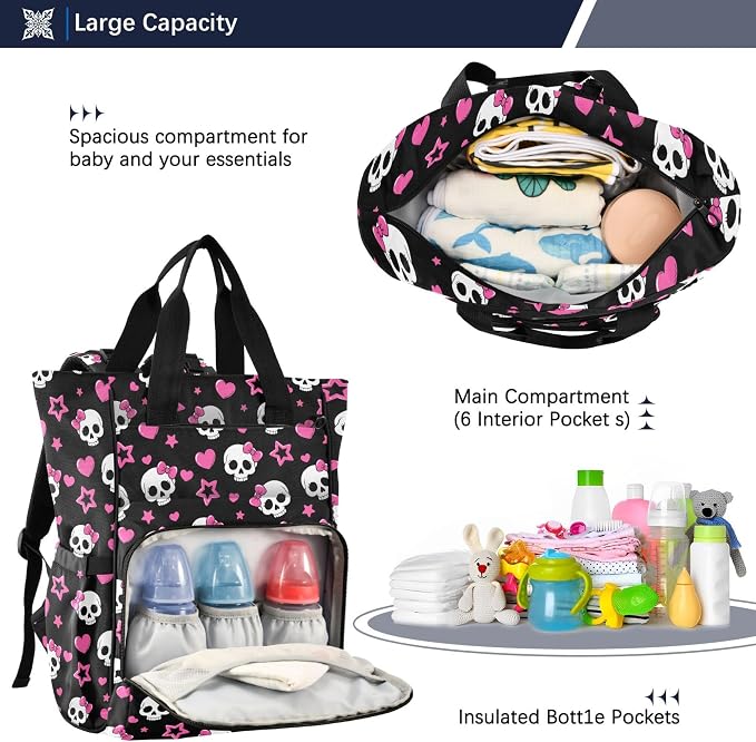 Mnsruu Diaper Bag Gothic Pink Hearts and Skulls Large Changing Backpack Multifunction Travel Tote Mommy Bag Baby Diaper Backpack for Mom Dad - Image 4