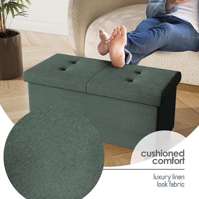 Storage Ottoman Bench with Bins, 30-in Storage Bench for Bedroom End of Bed, Folding Foot Rest Ottoman for Living Room Max 660lbs, Fabric Ottomans, Green - Image 7