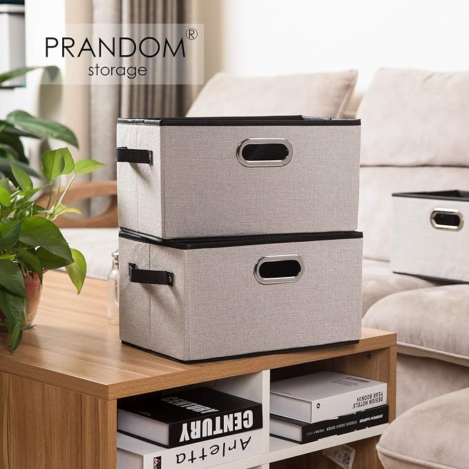 Fodable Storage Bins for Closet [3-pack] Decorative Fabric Storage Baskets Cubes with Leather/Metal Handles for Shelves Bedroom Living Room Light Grey (11.5x8.5x6.7 Inch) - Image 2