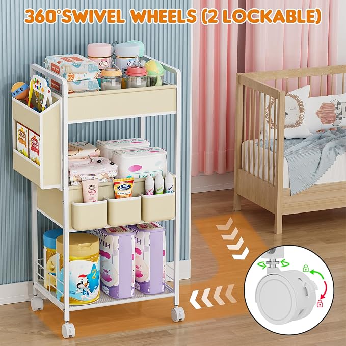 JBBTOOL 2In1 Baby Diaper Caddy & 3-Tier Rolling Diaper Cart, Diaper Caddy Organizer with Dividers & Pockets, Mobile Metal Utility Cart for Baby Essentials, Bedroom, Kitchen & Office - Image 3