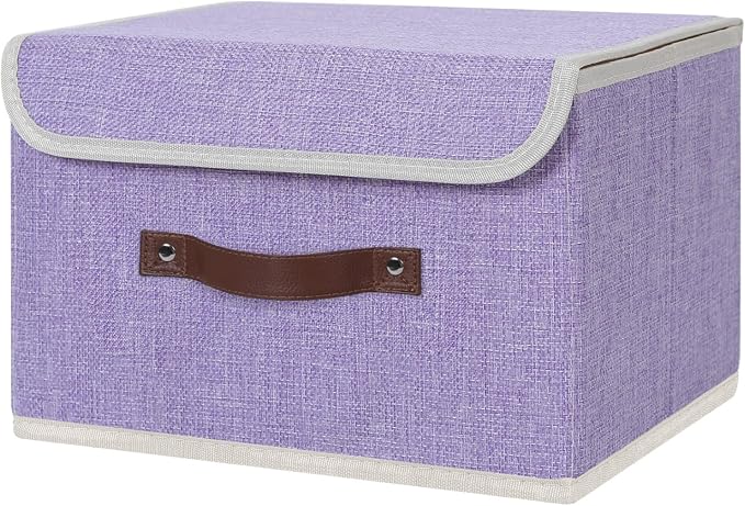 ANMINY Fabric Storage Box Bins with Lids, Purple, 13"x9"x7.9" | Keepsake Memory Storage, Cotton Linen, PP Board Reinforced, Washable, PU Handles, Foldable & Stackable, Decorative, Medium by ANMINY