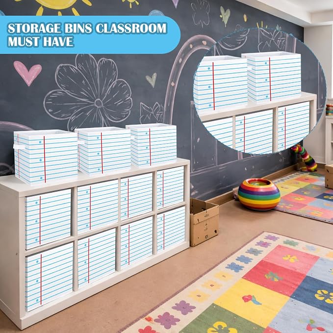 RattanView 6 Pcs 11in Crayon Storage Bins Fabric Cubby Classroom | Notebook Paper Design, School Supplies Organizer for Daycare Preschool, Treasure Prize Boxes, Closet Cubby Bins - Image 6