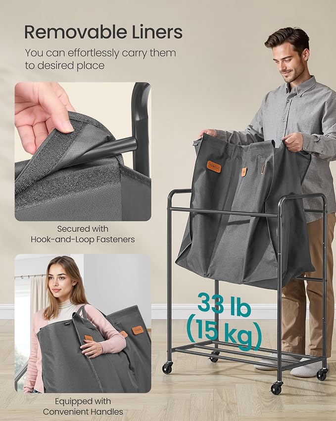 SONGMICS 3-Section Laundry Sorter, Laundry Hamper with Wheels, Rolling Clothes Hamper Cart with Large Capacity and Removable Bags, for Laundry Room, Bedroom, Bathroom, Slate Gray URLS330G01 | Rolling Clothes Hamper Cart, Large Capacity, for Laundry Roo... - Image 5