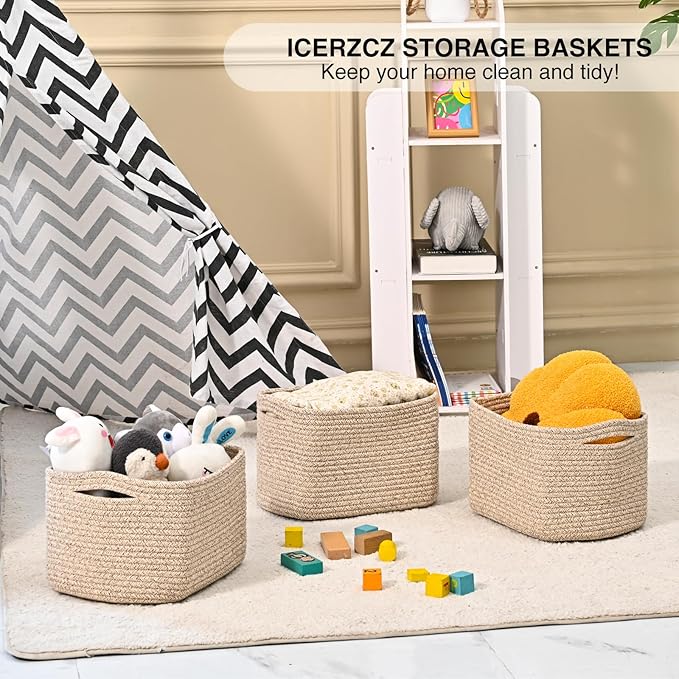ICERZCZ Small Storage Baskets for Shelves Organizing, Woven Cotton Rope Baskets for Storage, Book Basket, Decorative Shelf Basket, 12.5"Lx9.1''Wx7.9''H (4 Packs) Mixed Brown - Image 6