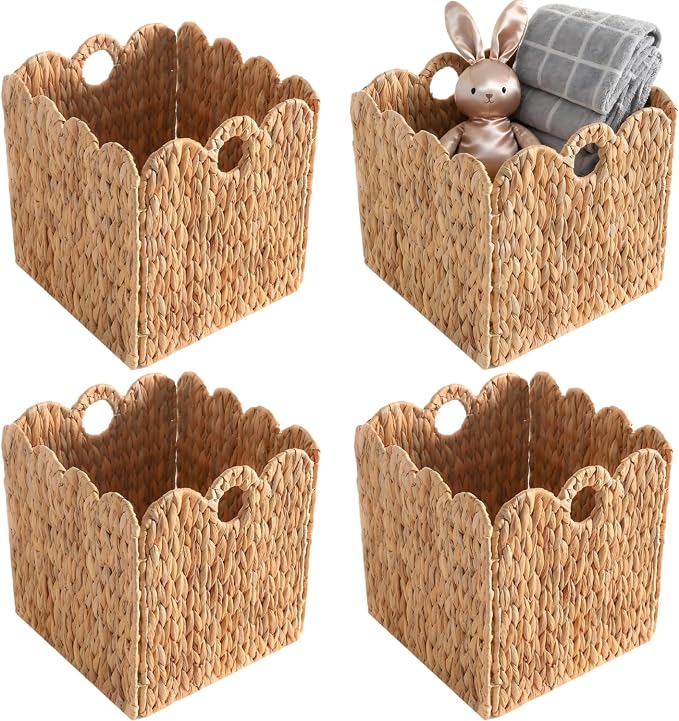 Scalloped Wicker Storage Cubes Basket, 12”x12“ Heavy Duty Paper rope/Hyacinth/Seagrass Baskets for Shelves, Foldable Natural Boho Square Bins (Water Hyacinth&12 x 12 x 12in&4-Pack) by Unknown