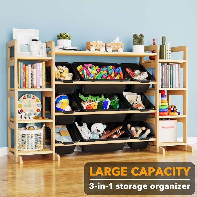 SpaceAid Large Toy Storage Organizer 9 Shelves 9 Bins, Toy Organizers Storage Bookshelf, Kids Bin Shelf Toys Box Bookcase for Bedroom Playroom Organization Room Decor, Neutral Gray - Image 3
