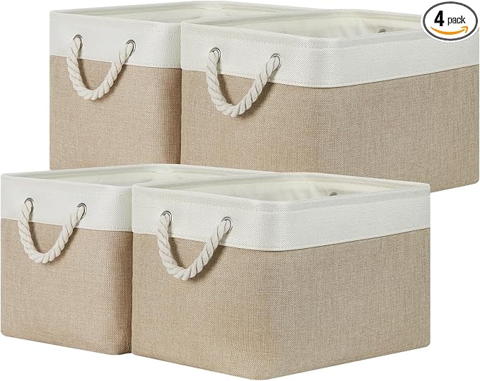 Temary Fabric Storage Baskets 4Pack Storage Bins Decorative Basket for Gift, Clothes Bin with Rope Handle, Rectangle Baskets for Storage, Blankets(White&Khaki,15x11x9.5 inch) by TEMARY