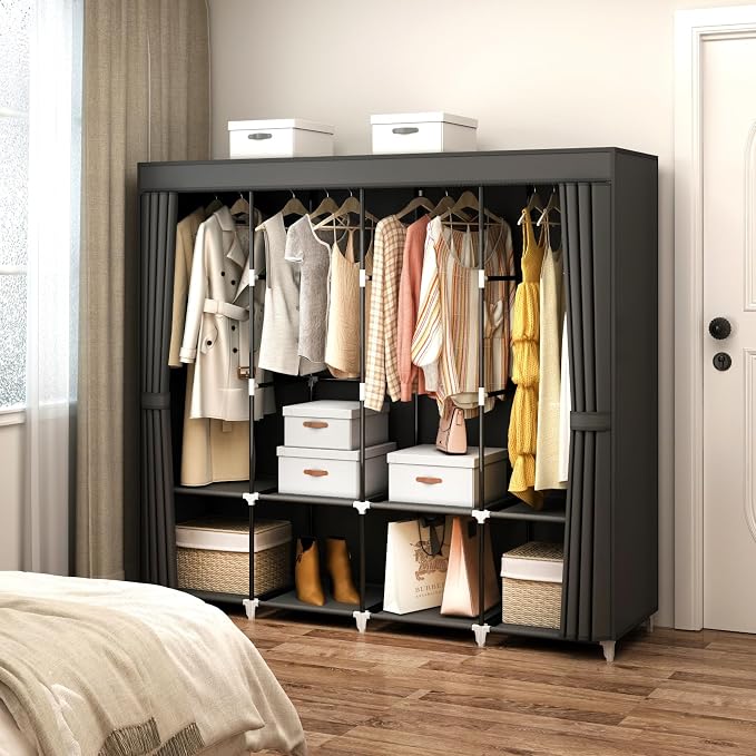 67" Portable Wardrobe Closet for Hanging Clothes Large Capacity for Bedroom | Non-woven Fabric Cover, 4 Clothes Hanging Rods, 8 Storage Shelves, Black - Image 2