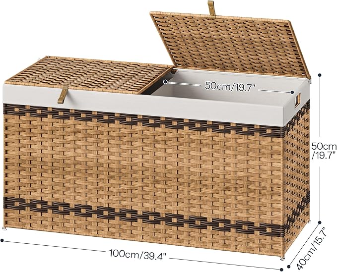 HOOBRO Storage Basket with Lid, 52.8 Gallon (200L) Wicker Storage Basket with 2 Separate Lid, Blanket Storage Bin with 2 Removable Liner Bags, for Bedroom, Laundry, Natural and Brown NL277CW01 - Image 7