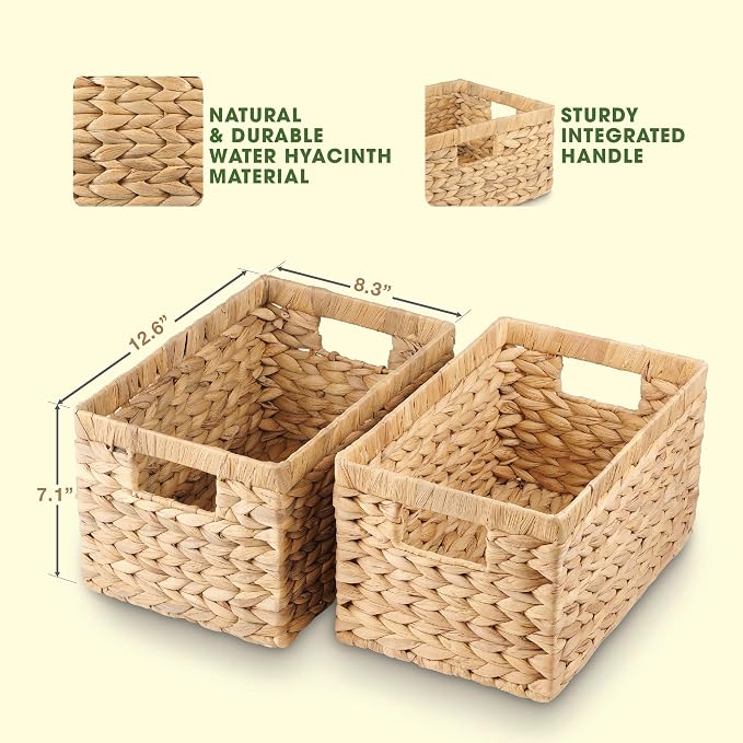 Water Hyacinth Storage Baskets Set of 2 - Medium Decorative Wicker Baskets for Organizing Shelves, Rectangular Woven Storage Bins with Handles for Pantry, Bathroom, Living Room 13"x9"x7" - Image 2