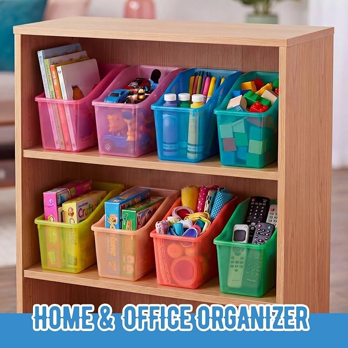 Geetery 12 Pcs Book Bin for Classroom with Labels Stackable Plastic Organizing Bins 11.5 x 5.4 x 7.5 in Book Holders Storage Bins Box Baskets for Classroom Library Home (Translucent Pastel) - Image 4