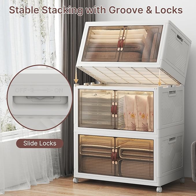 Stackable Storage Bins with Lids, 1080QT Lockable Storage Cabinet | Folding Storage Box with Doors and Wheels, Collapsible Plastic Drawers for Home, Garage, Office - Image 2