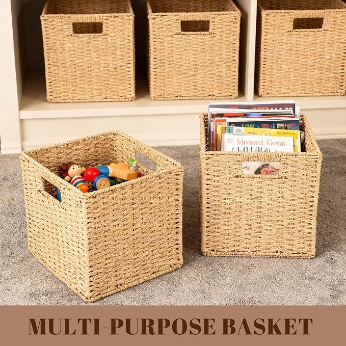 6 Pcs Wicker Storage Baskets 13 x 13 in Cube Storage Bin Organizer Camel Square Foldable Wicker Baskets for Shelves Organizing Decor Laundry Pantry Toys - Image 7