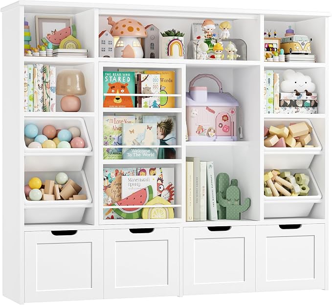 Toy Storage with Sliding Bookshelf, Toy Organizer with 4 Bins | 55.1’’ W Large Toy Storage Organizer Kids Bookshelf with 4 Movable Drawers, Toy Bins Playroom Storage for Kid Room, White by finetones