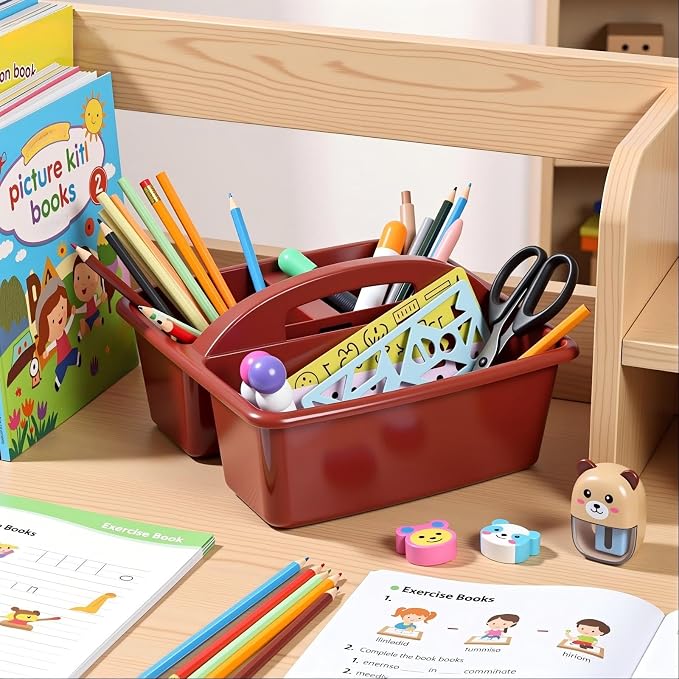 Kathfly 4 Pack Classroom Caddy Organizer with Handle, Plastic Art Craft Cleaning Caddy Bulk, Small Multipurpose Supply Organization Storage Basket for Table Desk Office Pencil Teacher (Deep Color) - Image 6